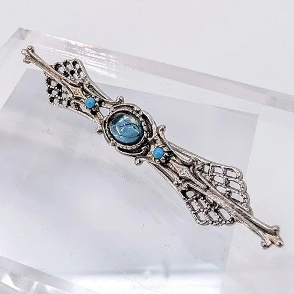 Vintage ART Filigree Bar Pin Blue Cabochon Brooch Silver Tone Victorian Revival